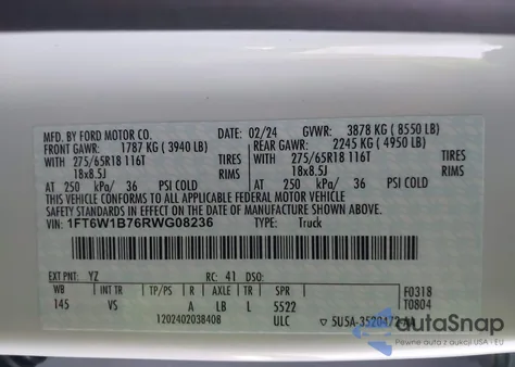 2024 Ford F-150 Lightning Pro z USA, uszkodzony, nr VIN 1FT6W1B76RWG08236